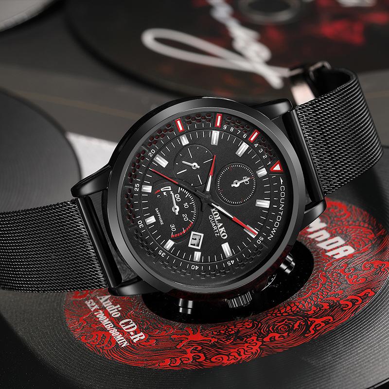 Новые цифровые мужские часы с тремя глазами и синей иглой, календарь, мужские часы, миланский ремешок, сетчатый ремешок, ремешок из нержавеющей стали