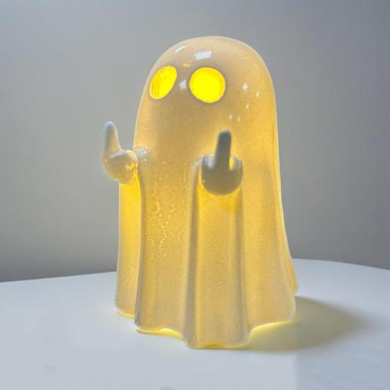 Resin Light-up Ghost Halloween Decor Little White Ghost Figurine Cute Glowing Ghost Statue for Home Table Tiered Tray Decor