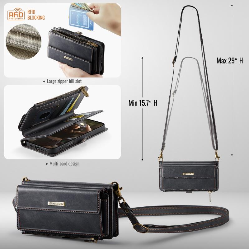 Чехол-бумажник с длинным ремешком из флип-кожи для Samsung Galaxy S26 Ultra S25 FE S24 Plus S23 S22 S21 A57 A17 A16 A56 A15 A55 A14 A54 с молнией и карманами для карт