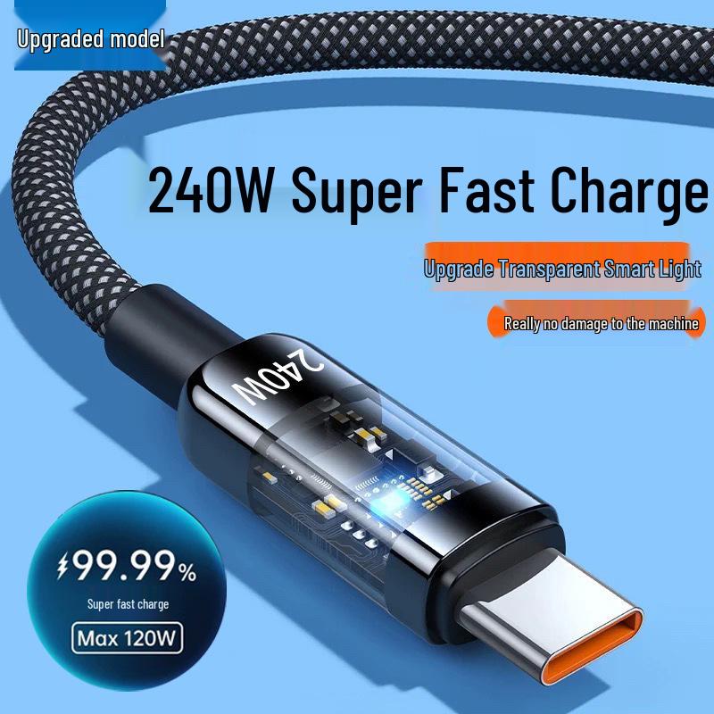 Сверхбыстрый прозрачный кабель для передачи данных USB-C 240 Вт для Huawei, Honor, Vivo, Oppo