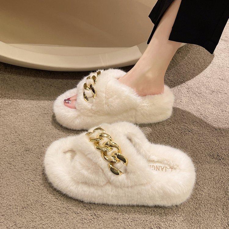 Popular Mao Mao Slippers Women's Outer Wear Chain Thick Bottom Increases Height Spring and Summer Fashion Going Out Plush Cross Autumn and Winter