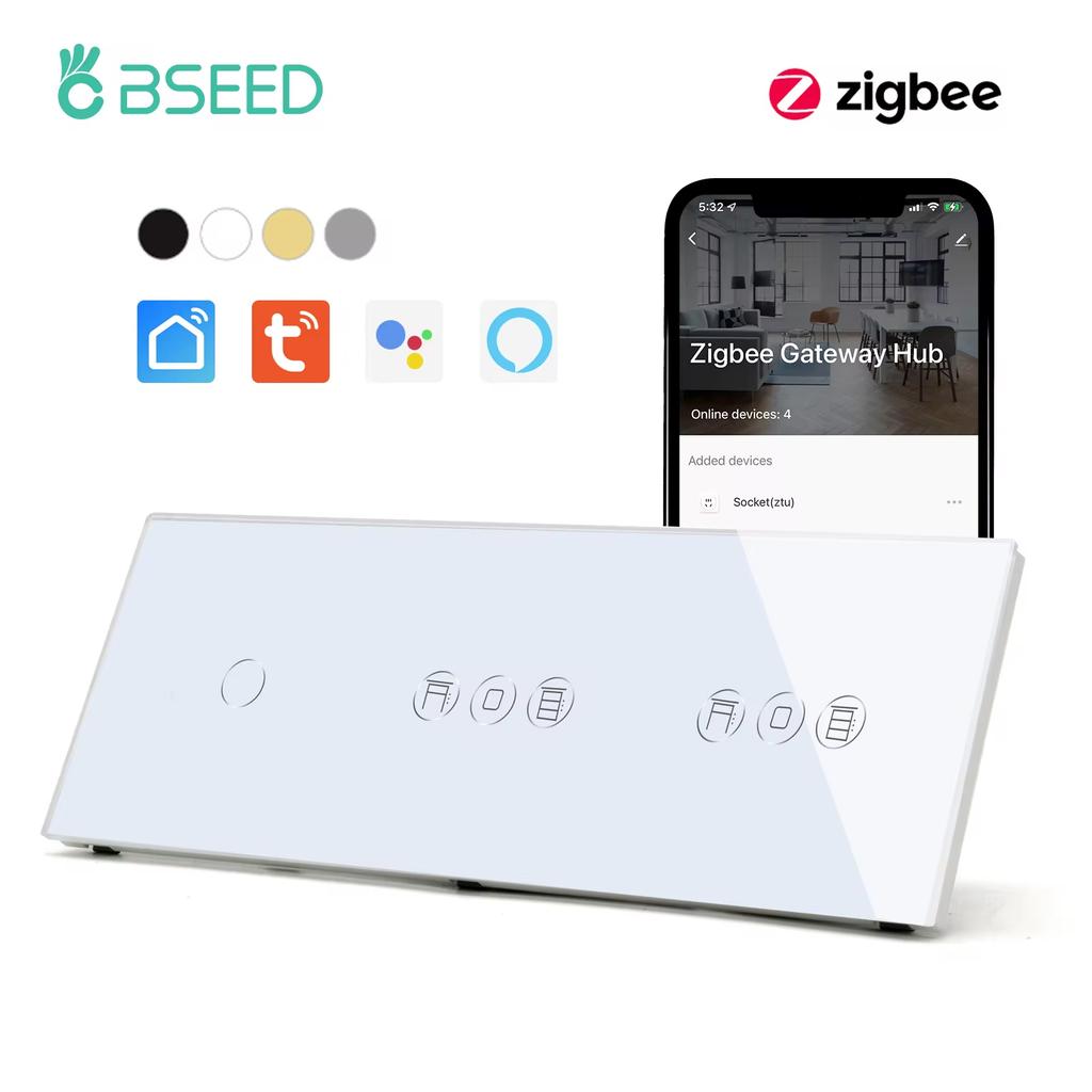 BSEED Умный выключатель для штор Zigbee, Выключатель для электрических рулонных штор с розеткой EU, портами USB Type-C, Приложение Tuya Alexa Smart Life