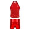 Girls Sleeveless Backless Shiny Sequin Halter Crop Top Metallic Dance Shorts Jazz Dance Stage Performance Outfit