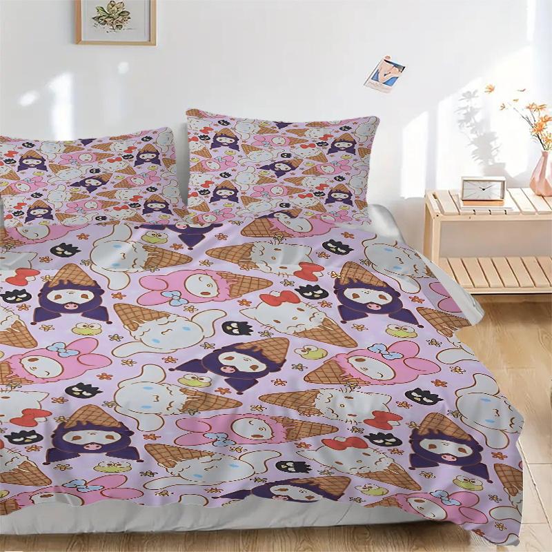 3pcs Ice Cream Sanrio Character Design Pattern Bedding Three-Piece Set (1 Cover + 2 Pillowcases, No Fillings), This Printed Bedding Set Is S