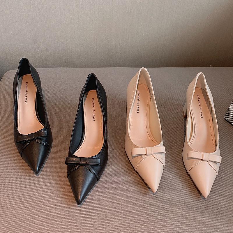 Туфли на высоком каблуке с острым носком, женские туфли с неглубоким носком и толстым бантом, женская корейская версия профессиональной рабочей женской пригородной обуви