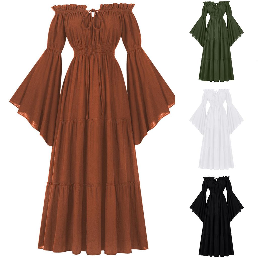 Women's Off-Shoulder Dress Bell Solid Color Long Sleeve Elastic Tiered Flowy Long Dresses Costume