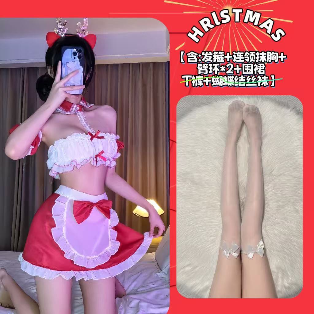 Новогодняя оргия Сексуальный косплей Комплект униформы маленькой горничной Красный Новогодний горничная-зайчик Чистая эротика
