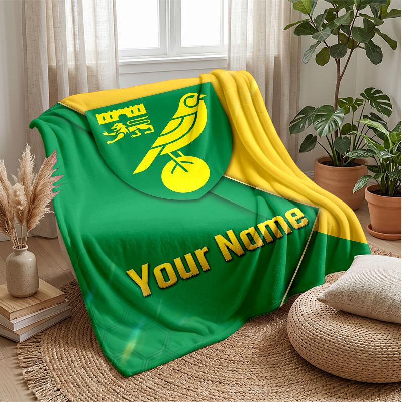 Norwich City Custom Name Text Flannel Blanket Soccer Logo Personalized Fleece Throw Blanket Special Gift For Sofa Bedroom Home