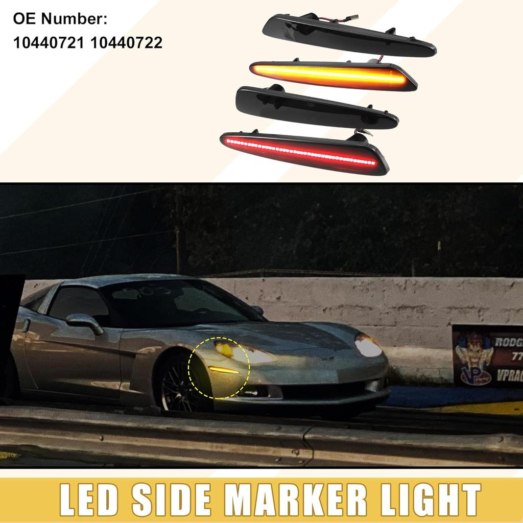 LED Side Marker Light 10440721 Front Rear Turn Signal Lights Fender Sidemarker Lamps for Chevy Corvette C6 Black Lens Amber Red LED Light 2 Pair
