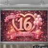 2D plane Sweet 16th birthday party background fabric - heart-shaped diamond numbers 16 theme, pink and gold balloons