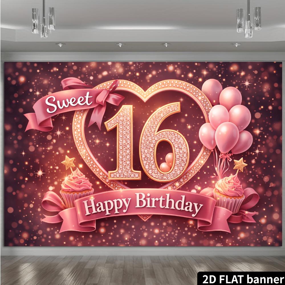 2D plane Sweet 16th birthday party background fabric - heart-shaped diamond numbers 16 theme, pink and gold balloons