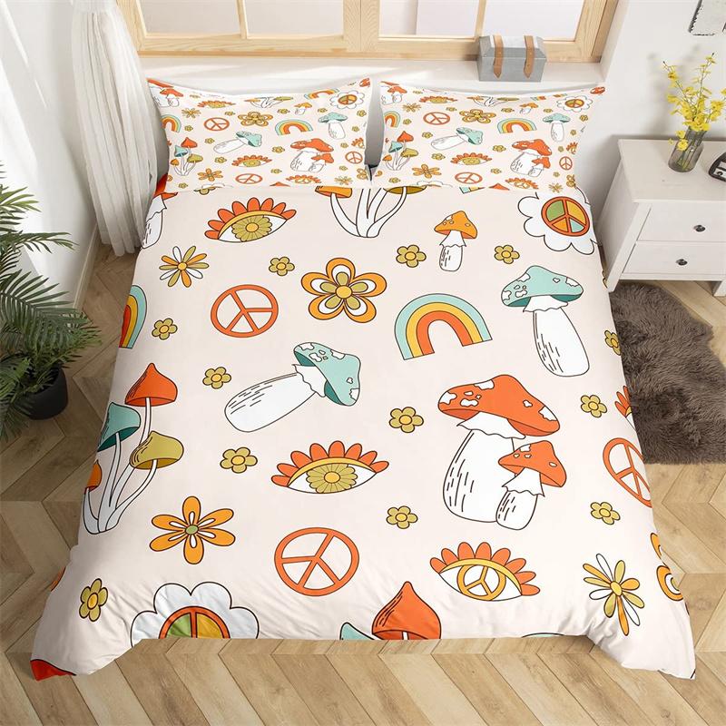 Retro 70s Hippie Style Duvet Cover Queen Microfiber Psychedelic Mushroom Bedding Set Room Decor Gifts Rainbow Floral Quilt Cover