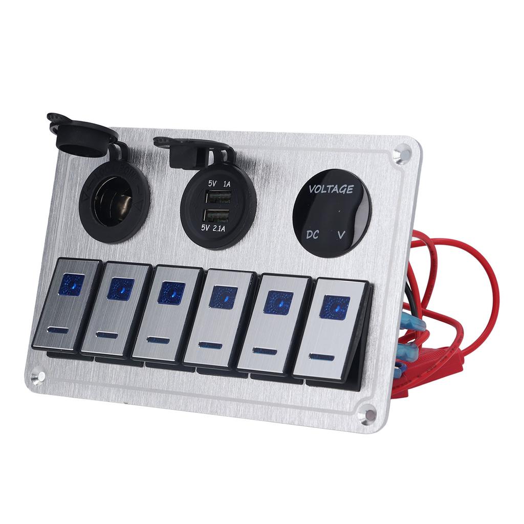 Панель переключателей Rocker Switch 6 Gang On Off Blue LED Light 2.1A Dual USB Charger Port Алюминиевый сплав для автомобиля