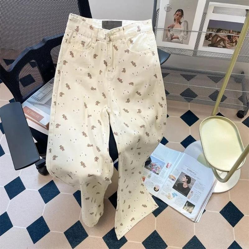 Женские джинсы с принтом «Маленький медведь», летние свободные повседневные прямые широкие брюки с высокой талией в стиле «американский ретро»