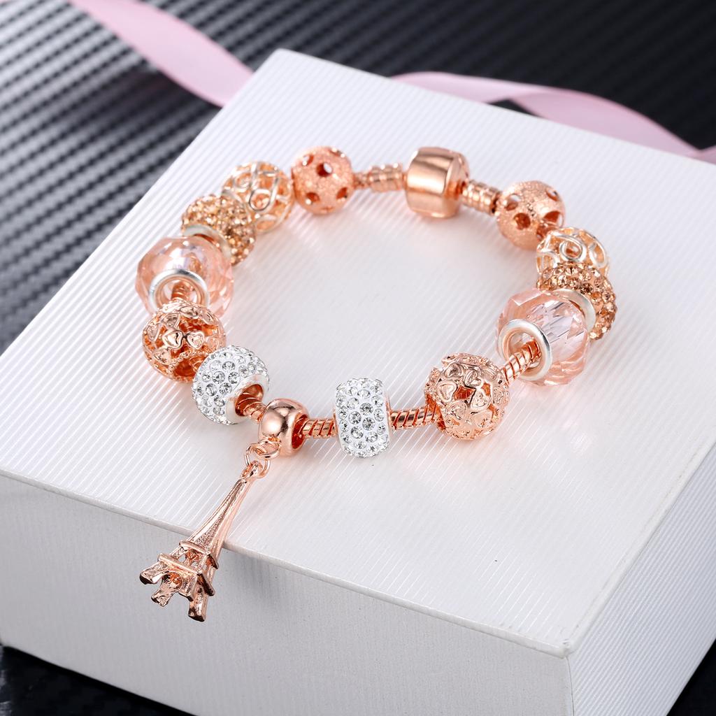 LUXY MOON Women's Fashion Bracelet New Rose Gold Crystal Glass Perforated Beaded Tower Bracelet