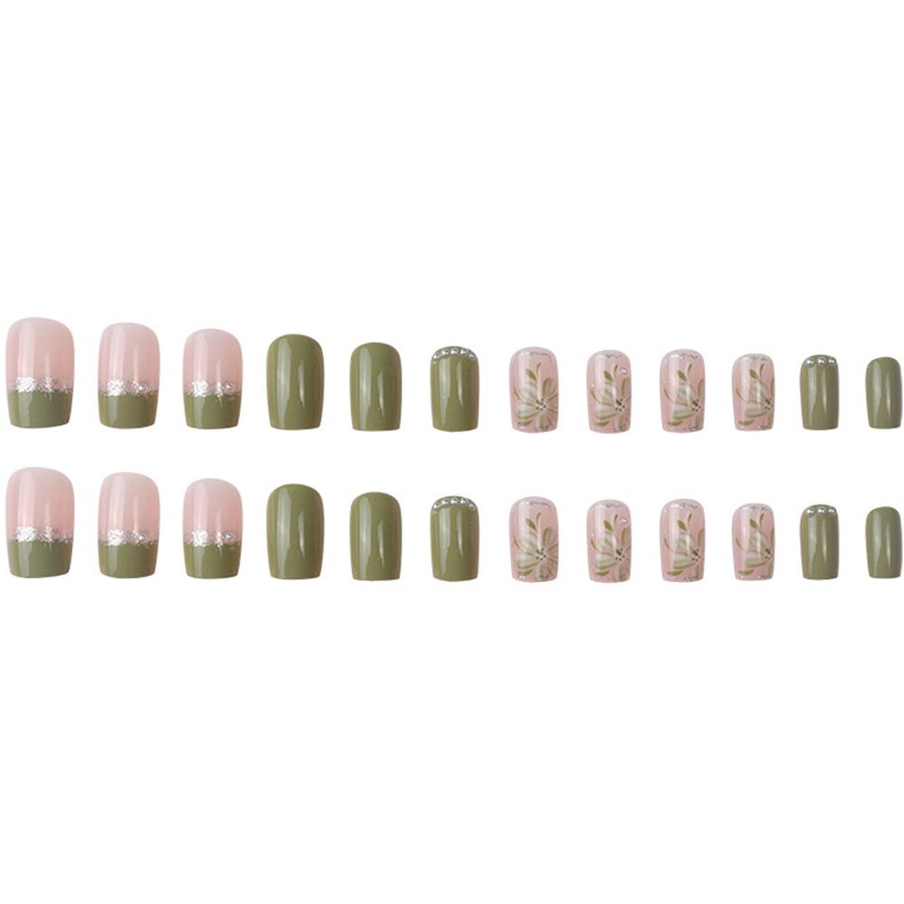 Press On Nail Full Cover Wearable Medium Long Green Camellia Artificial Nails Fake Nails False Nail