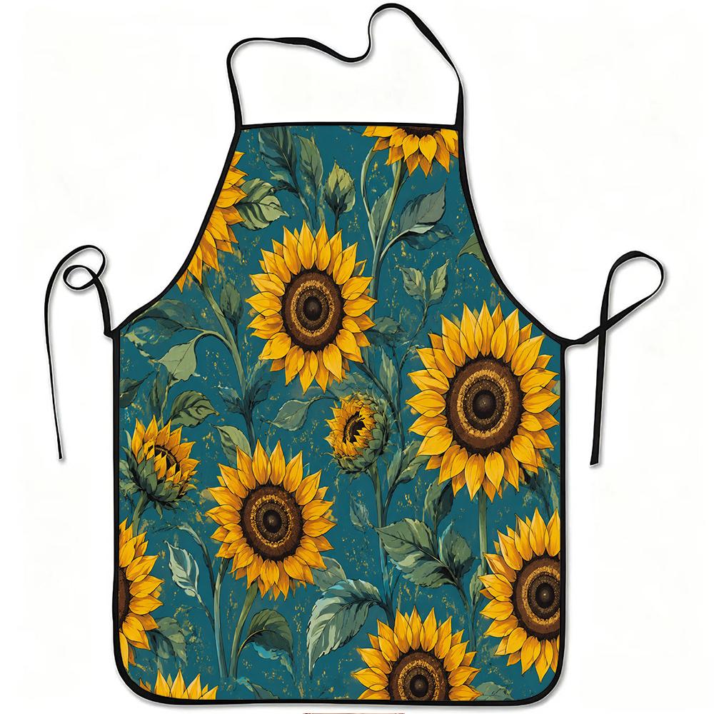 1pc Sunflower Floral Print Apron, Durable And Easy to Clean, Adjustable Waistband, Polyester Material, for Kitchen Cooking, Gardening, Orchard Picking