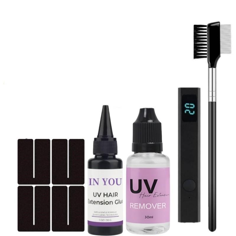 Pro UV Hair Extension Kit: Glue, Comb, Remover & UV Lamp,Fast Invisible Bonds, Salon-Grade Waterproof