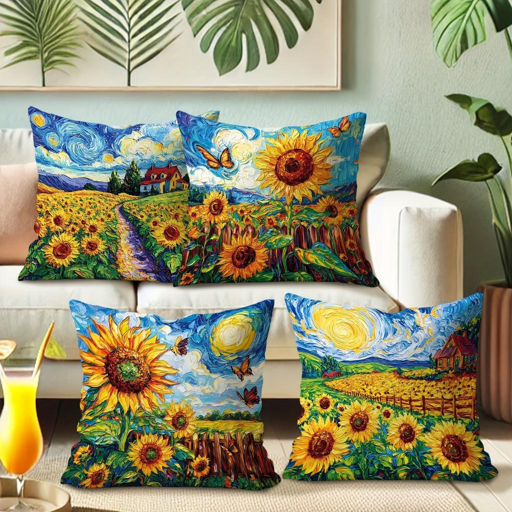 pc Sunflower And Starry Sky Pattern Soft And Comfortable Printed Pillowcase For Bedroom Sofa Windowsill Car Decoration Cushion