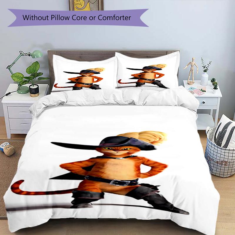3pcs Puss In Boots Bedding Set Duvet Cover Closure Includes 1 Duvet Cover & 2 Pillowcases, Soft and Comfortable for All Seasons.