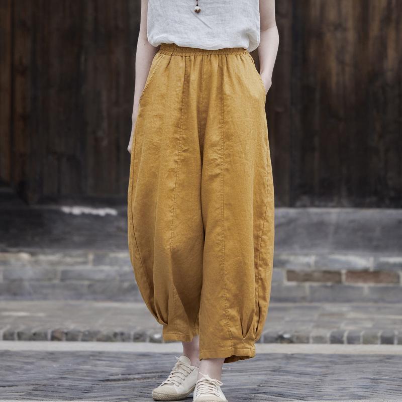Johnature Женские винтажные шаровары с эластичной резинкой на талии, однотонные льняные брюки, осенние повседневные брюки до щиколотки