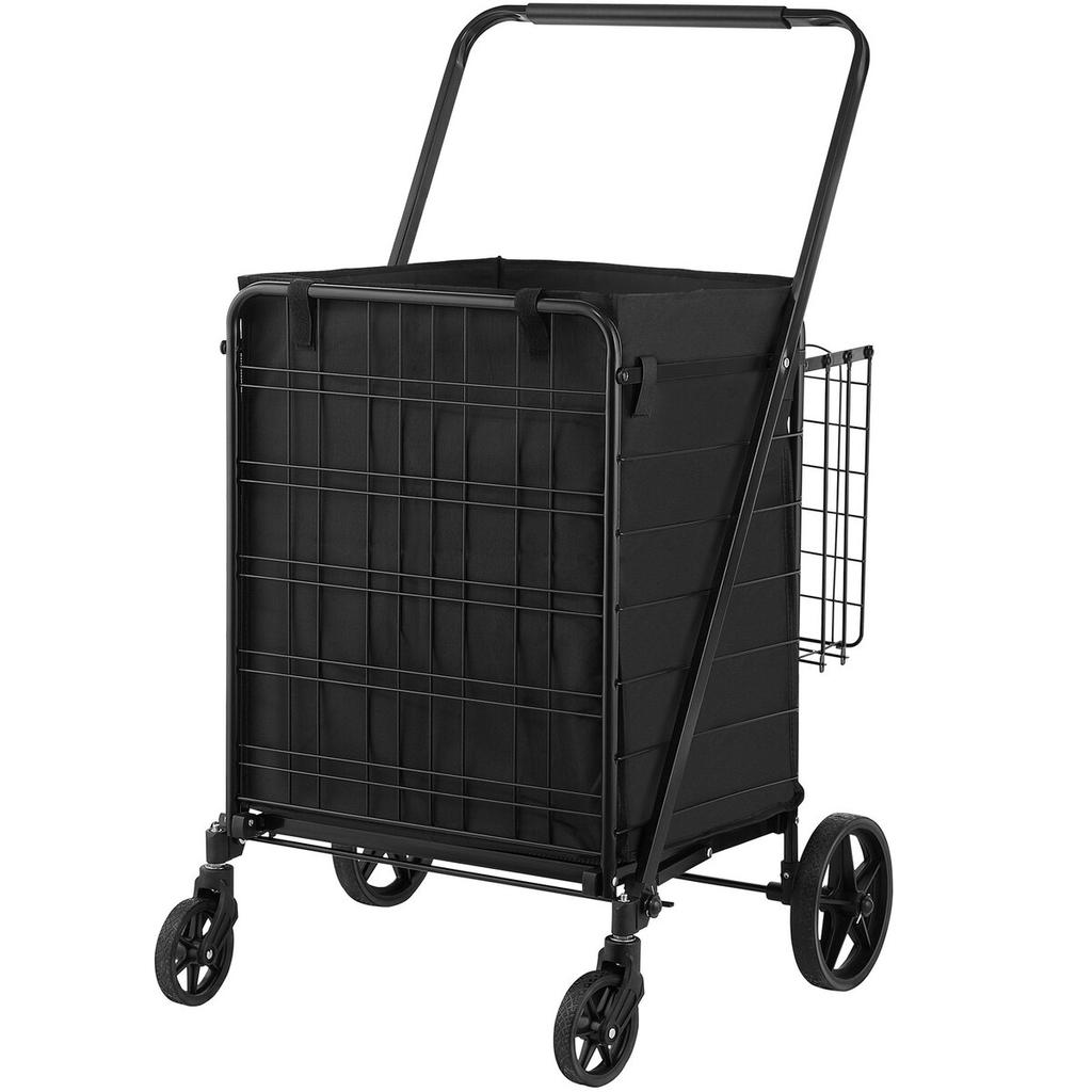 Folding Shopping Cart with Removable Waterproof Liner, 330LBS Large Capacity Jumbo Grocery Cart with Dual Basket, 360° Swivel Wheels, Dense Metal Mesh