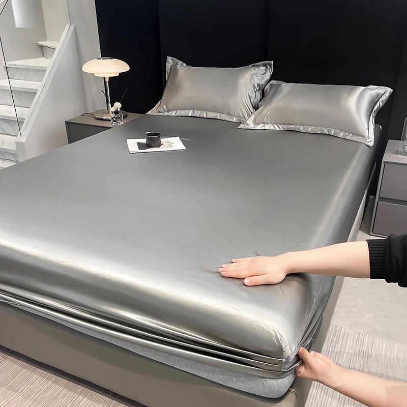 Silky Satin Waterproof Fitted Sheet Breathable Elastic Mattress Cover Solid Smooth Bed Sheet