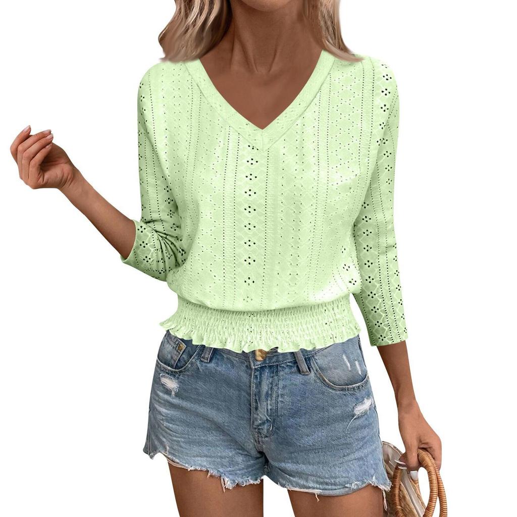 2026 Spring/Summer V-Neck Jacquard Smocked 7-Sleeve T-Shirt - Chic Casual Top