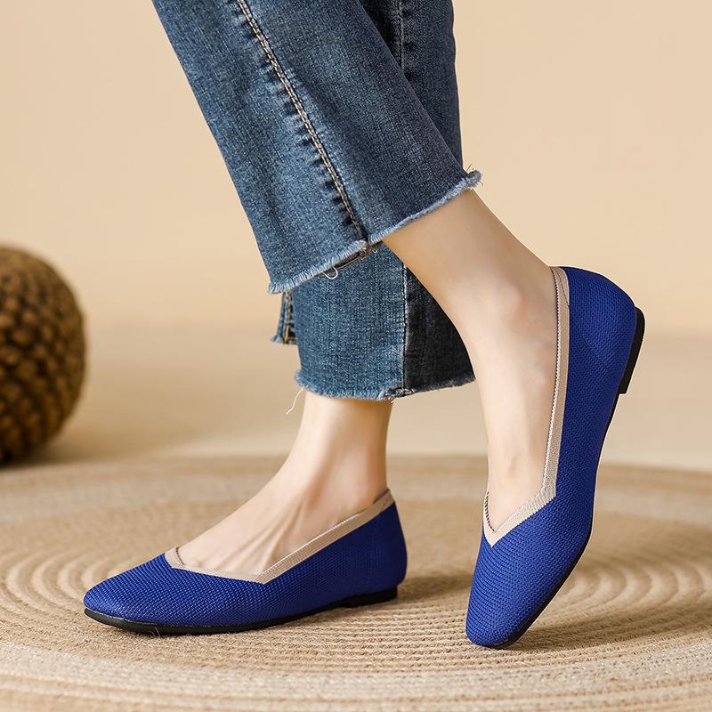 Women's Casual Flats Comfortable Walking Flat Shoes Square Toe Ballet Flats Non-Slip Knitted Work Loafers Shoes Lightweight Dress Shoes for Women