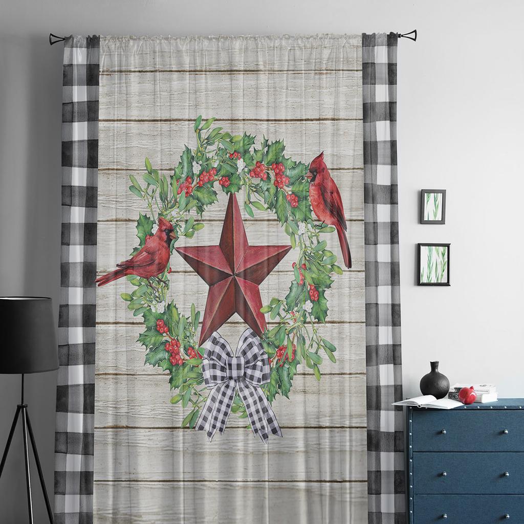 Christmas Berries Cardinals Wood Grain Sheer Curtains For Kids Bedroom Living Room Voile Curtains Xmas Kitchen Tulle Curtain