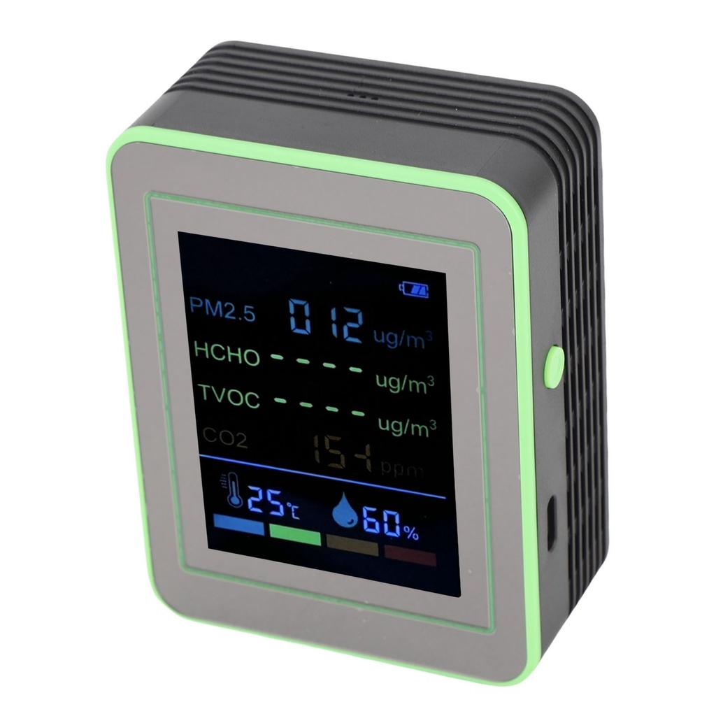 Air Quality Meter 6 In 1 CO2 PM2.5 HCHO TVOC Temp Humid Smart Detect Tester Indoor Battery Powered Black and Green