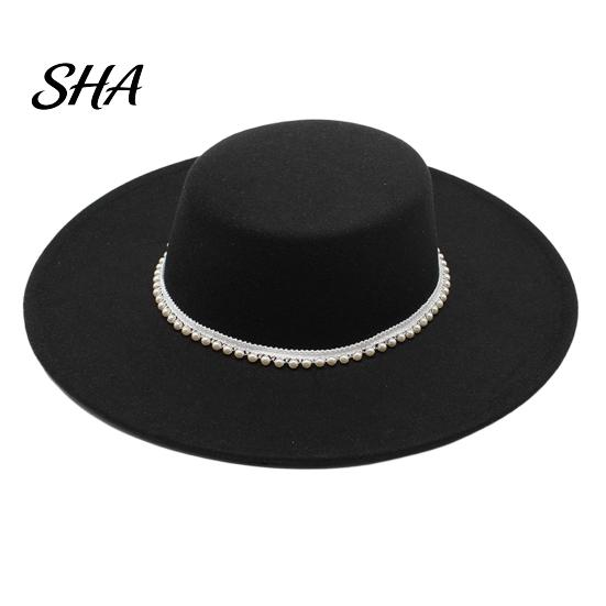 Luxury Faux Pearl Trimmed Hat Wide Brim Wool Felt for Women, Vintage Flat Top Fedora Elegant Winter Warm Headwear with Trim, Cap Autumn Fashion