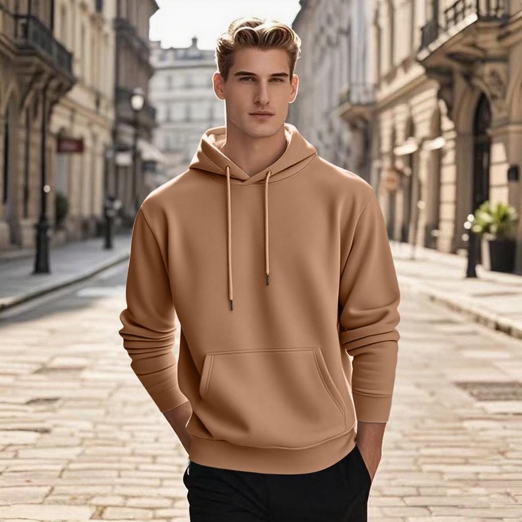 Men's Pullover Hooded Sweatshirt Solid Color Round Neck Loose Hoodie Long Sleeve Top