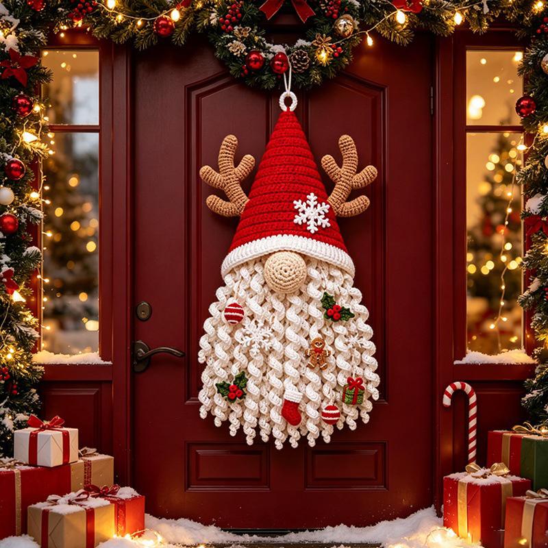 DIY Door Hanging Crochet Christmas Faceless Doll Door Hanging Hand Woven Antlers Door Decoration Christmas Decoration