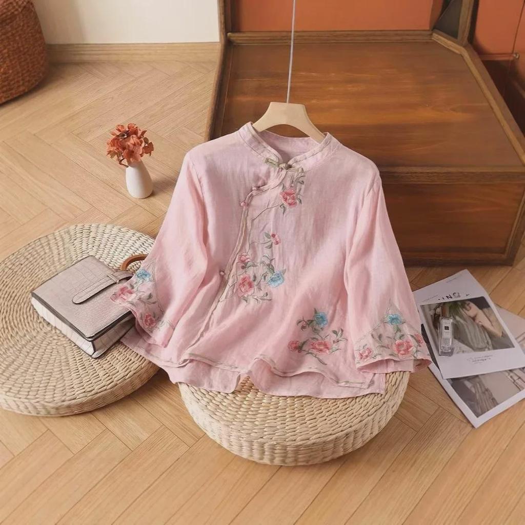 Женский этнический хлопковый топ с вышивкой - китайская косая планка с пуговицами-лягушками, художественная летняя рубашка