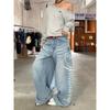 Womens High Waist Loose Straight Leg Jeans Retro Letter Print Wide Denim Pants Casual Trendy Floor Length