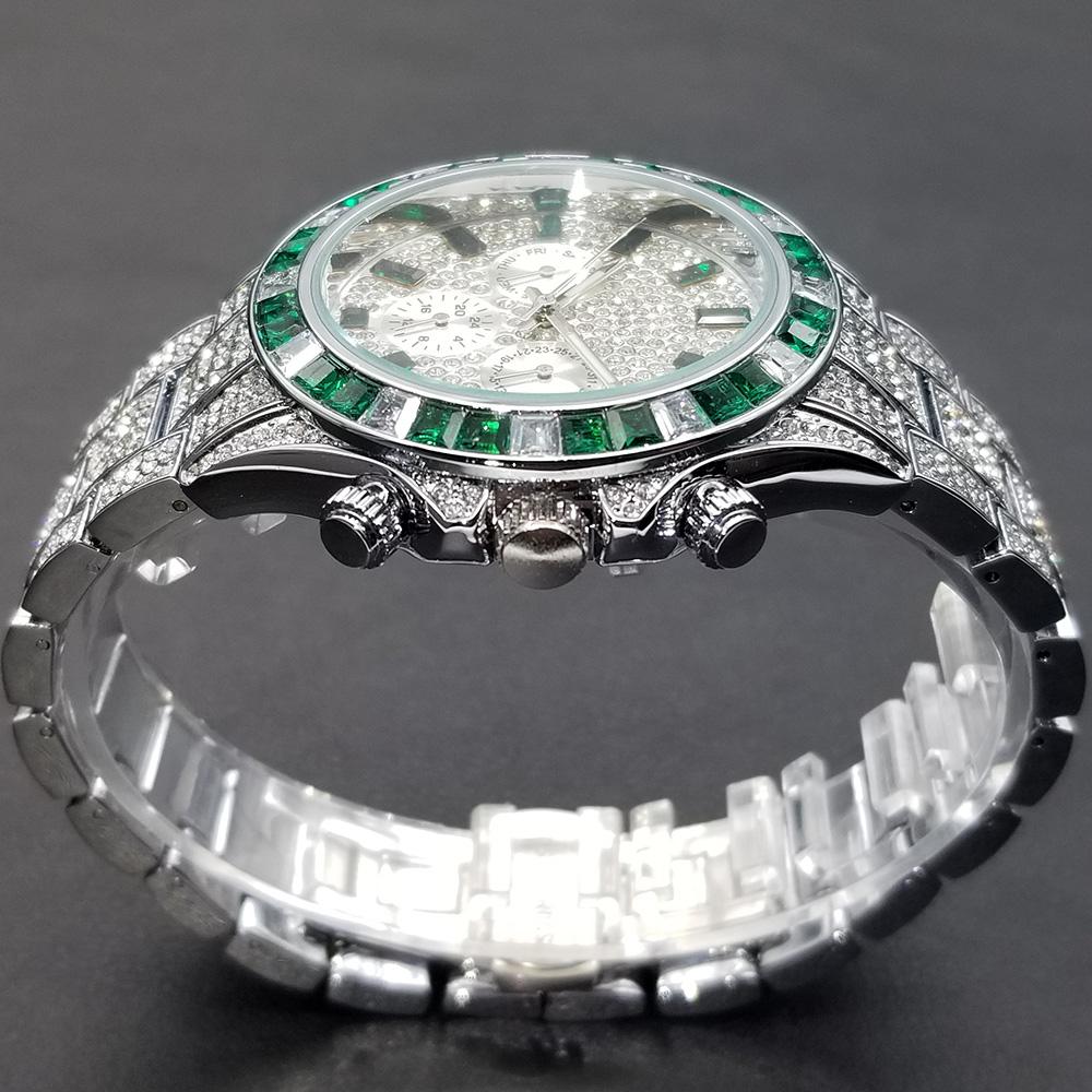 Часы-календарь в стиле хип-хоп для мужчин Stylsih Ice Out Green Diamond Мужские часы Автоматическая дата Водонепроницаемые ручные часы