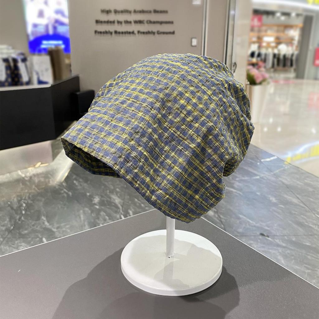 Европейский и корейский клетчатый головной платок: Стиль Пустоши, Свободная Мешковатая Шапка-Бини для Большого Обхвата Головы, Модная Горячая Девушка Бандана-Шляпа.