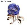 Full Austrian Crystal Blue Rose Flower Brooches Gold-color Coat Collar Plant Brooch Wedding Boutonniere Pullover Pins