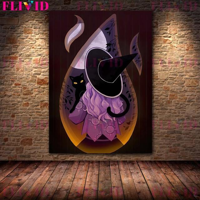 Ведьма и ее кот Настенная картина маслом «Тыквенная ведьма в дождливую ночь» Украшение гостиной