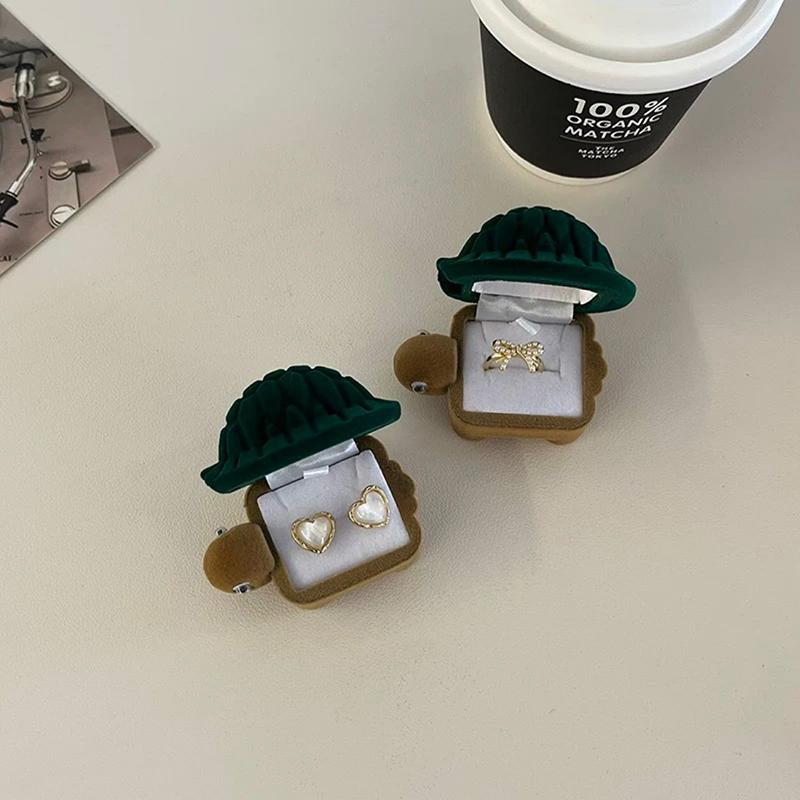 Кольцо-коробка в виде зеленой черепахи, милая форма животного, мини-флокированная шкатулка для украшений, забавная шуточная подарочная коробка для девушки