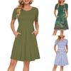 Women's Short Sleeve Dress Pleated Loose Swing Casual Dress With Pockets Knee Length Dresses