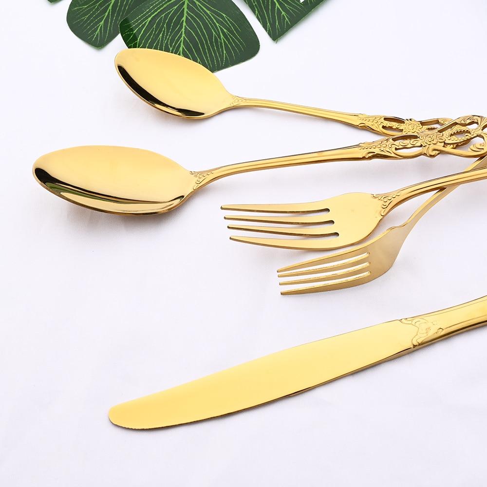 16Pcs/4Set Royal Gold Flatware Mirror Polish Stainless Steel Dinnerware Knife Fork Spoon For Wedding Housewarming Event Party