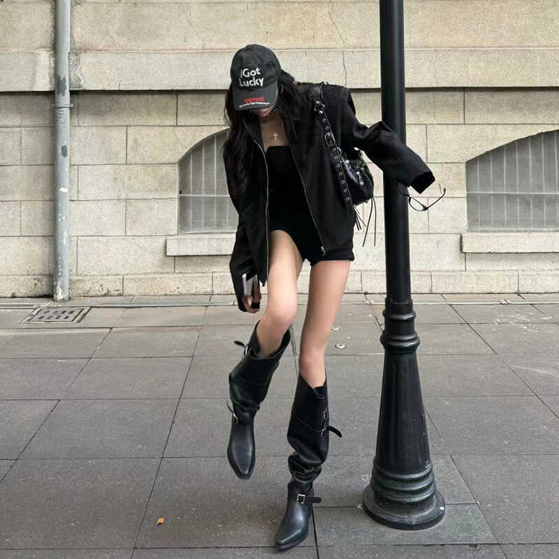 Корейская версия ботфортов с широким голенищем, женские ботинки на толстом каблуке до колена, осенние, с ремешком и пряжкой, ковбойские сапоги, модные сапоги