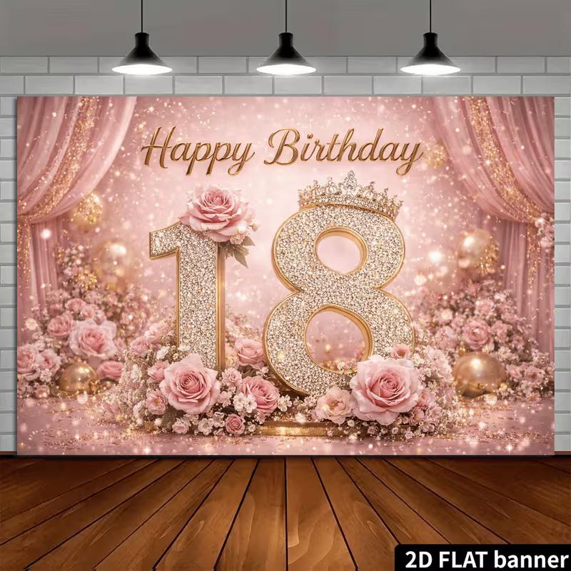 2D Flat Pink Gold 18th Birthday Banner Glitter & Floral Themed Backdrop for Adult Birthday Celebration