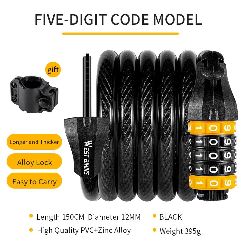 WEST BIKING Bicycle Cable Lock MTB Road Bike Security Steel Cable Anti-theft Password Lock Scooter Motorcycle Bike Accessories 4