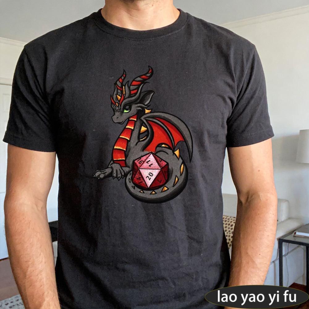 Cute Black Red Dragon With D20 Dice Print Tshirt Unisexs Casual Fantasy Streetwear D20 Dragon Rpg Gamer Graphic Tee
