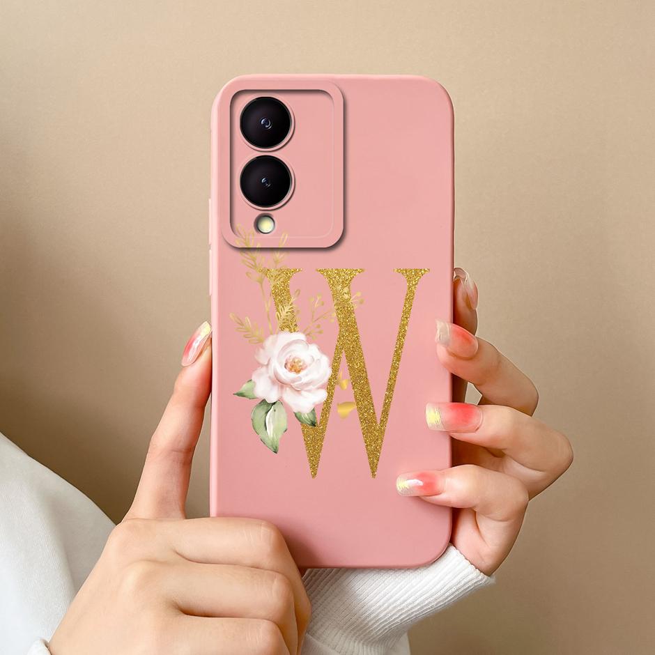 Чехол для VIVO Y17S 4G A To Z Милый Цветочный Буквенный Узор Гладкий Жидкий Силиконовый Чехол Для VIVOY17S Y17s 4G Модный Чехол Для Пары