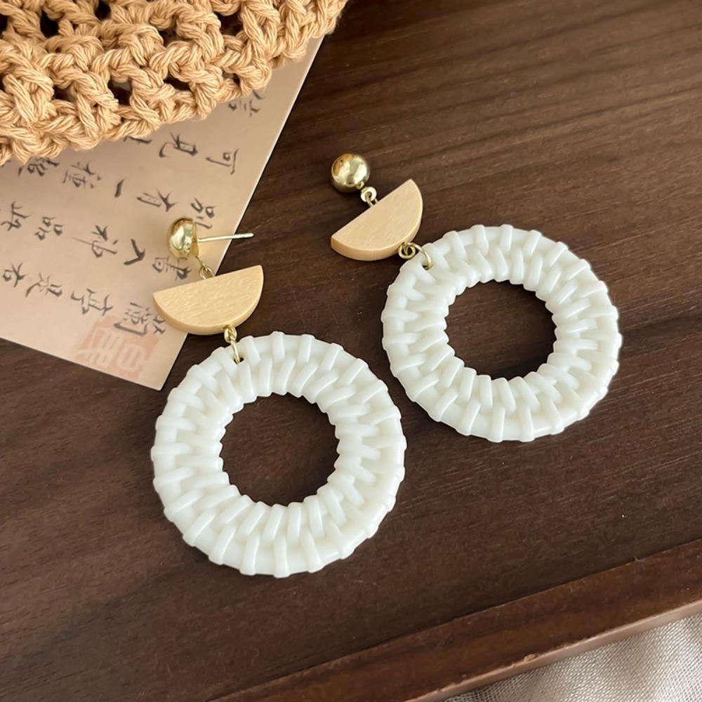 Round Rattan Weave Earrings Flower Beach Jewelry Cute Bohemian Drop Earrings Wedding