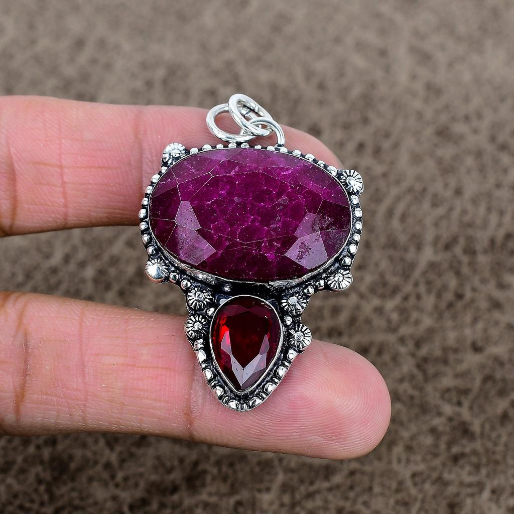 Red Jade, Rubillite Gemstone 925 Sterling Silver Jewelry Pendant 2.01" KKG-344